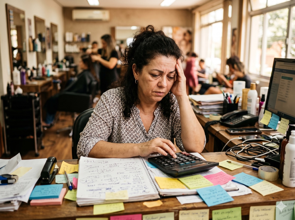 Dona de salão sobrecarregada anotando horários em um caderno de papel
