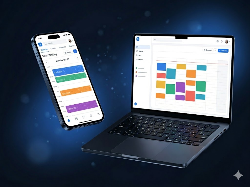 Telas do Mali Space em um celular e um notebook mostrando a agenda do salão