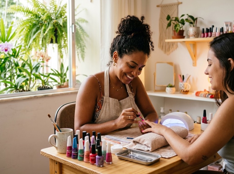 Manicure autônoma atendendo cliente em seu estúdio
