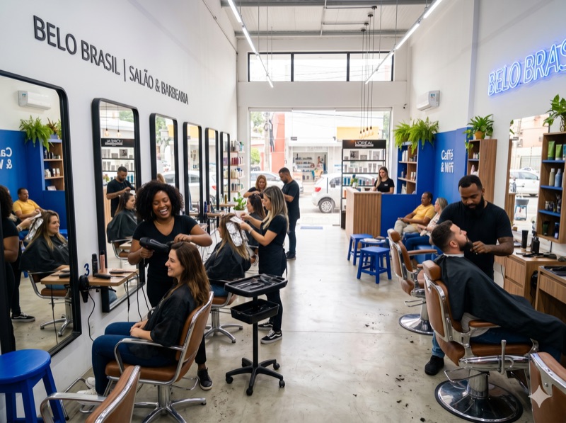 Equipe de um salão moderno atendendo clientes